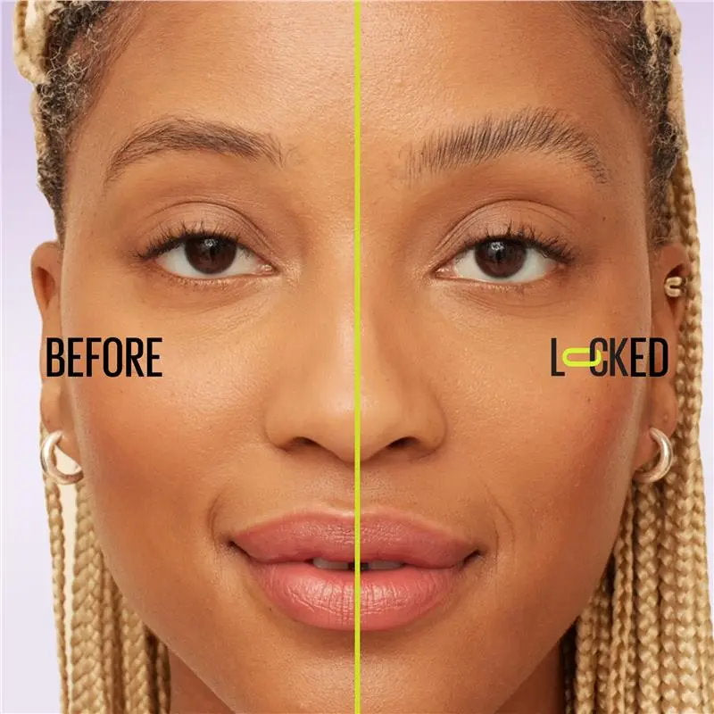 Before and after comparison of a woman's face with 'Before' on the left and 'Locked' on the right, on a light purple background.