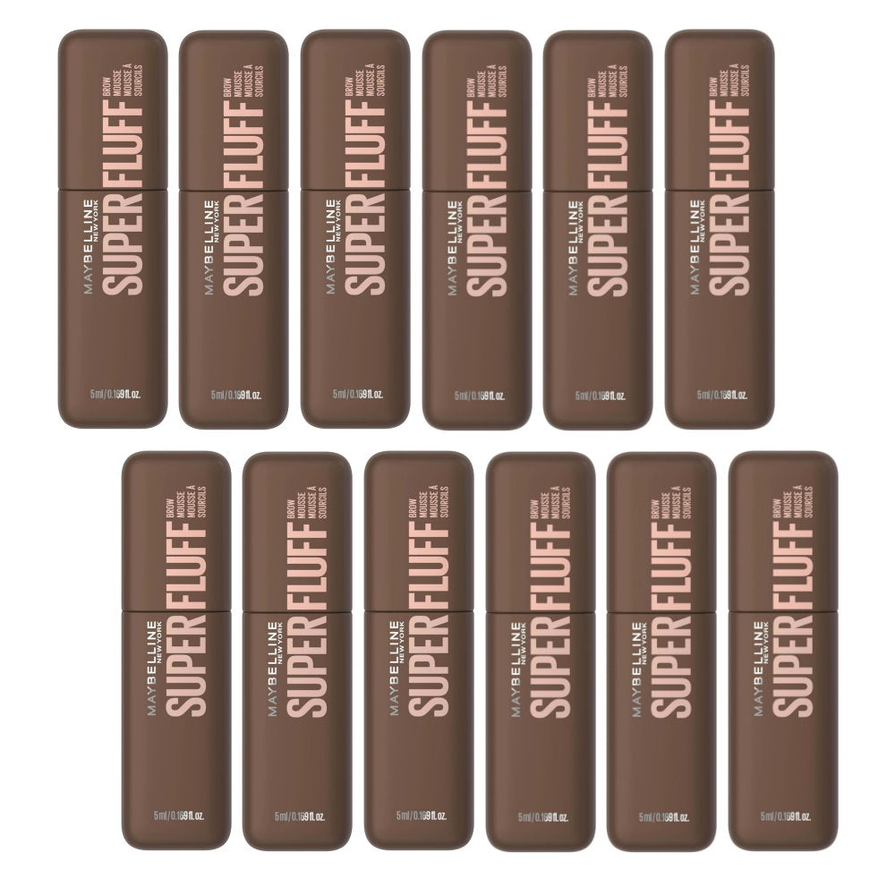 Multiple Maybelline Super Fluff makeup products on a white background