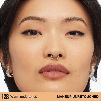 Close-up of a person with makeup unretouched, showing warm undertones.