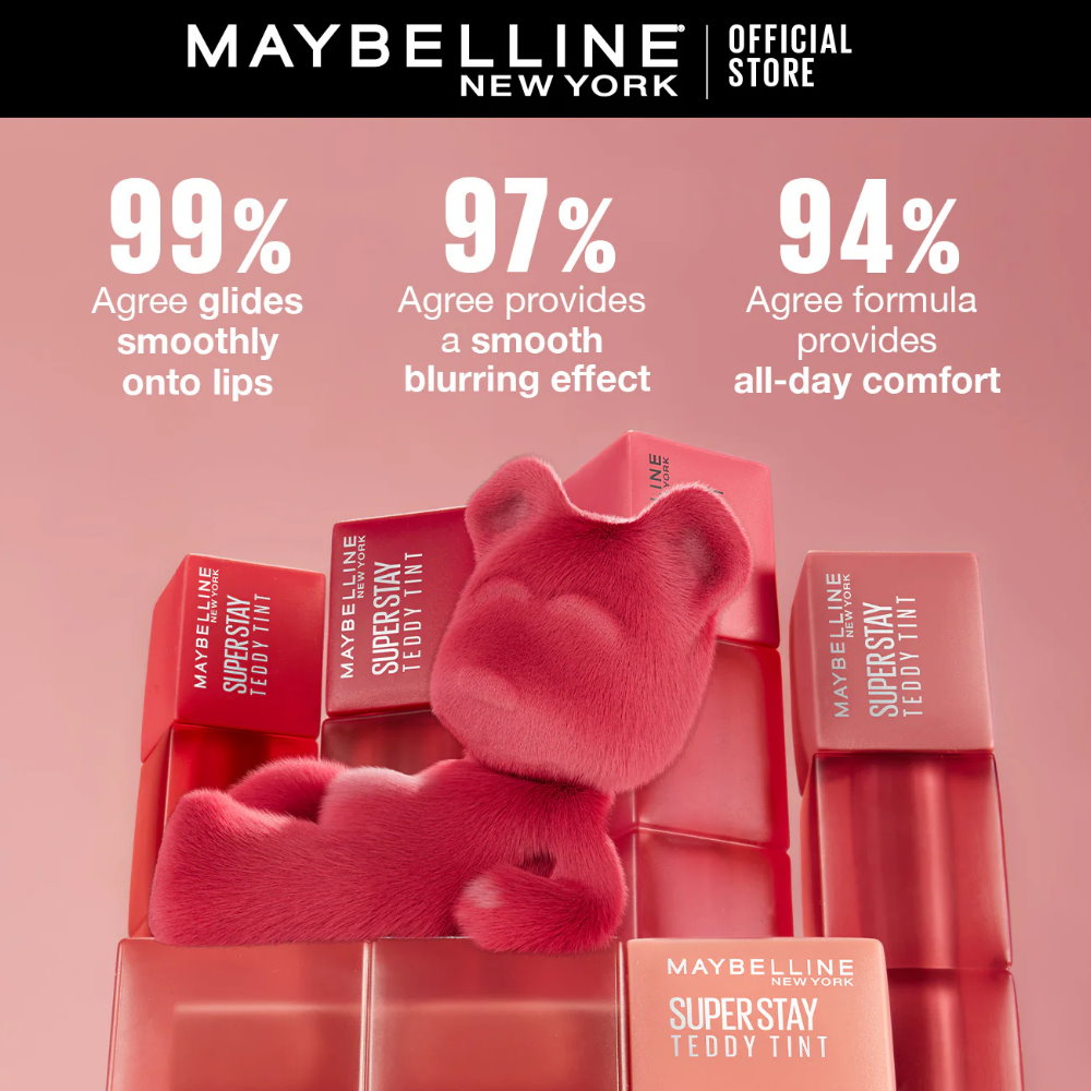 Maybelline Superstay Teddy Tint packaging with a teddy bear, against a pink background.