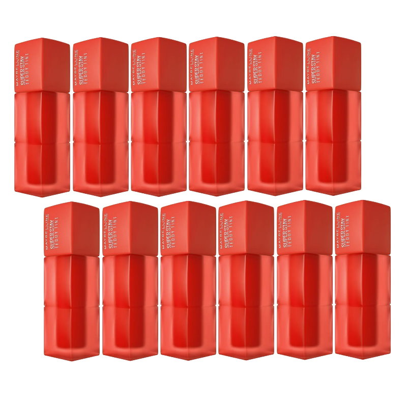 Multiple red cosmetic containers with visible branding on a white background