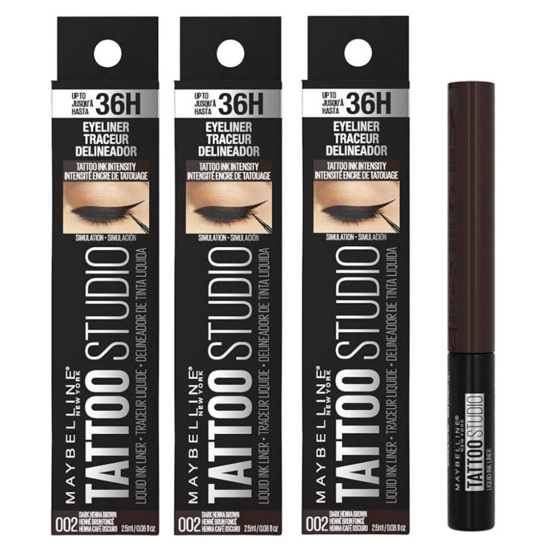3x Maybelline Tattoo Studio Liquid Ink Eyeliner 002 Dark Henna Brown
