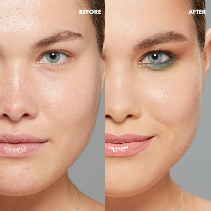Before and after comparison of a woman's face with skincare product application.