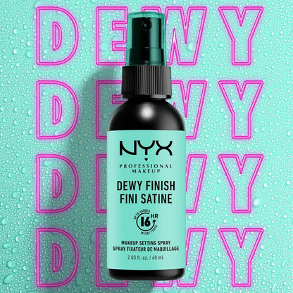 NYX Dewy Finish makeup setting spray bottle on a teal background with pink 'DEWY' text.