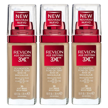 Three bottles of Revlon Age Defying 3X foundation in Soft Beige on a white background