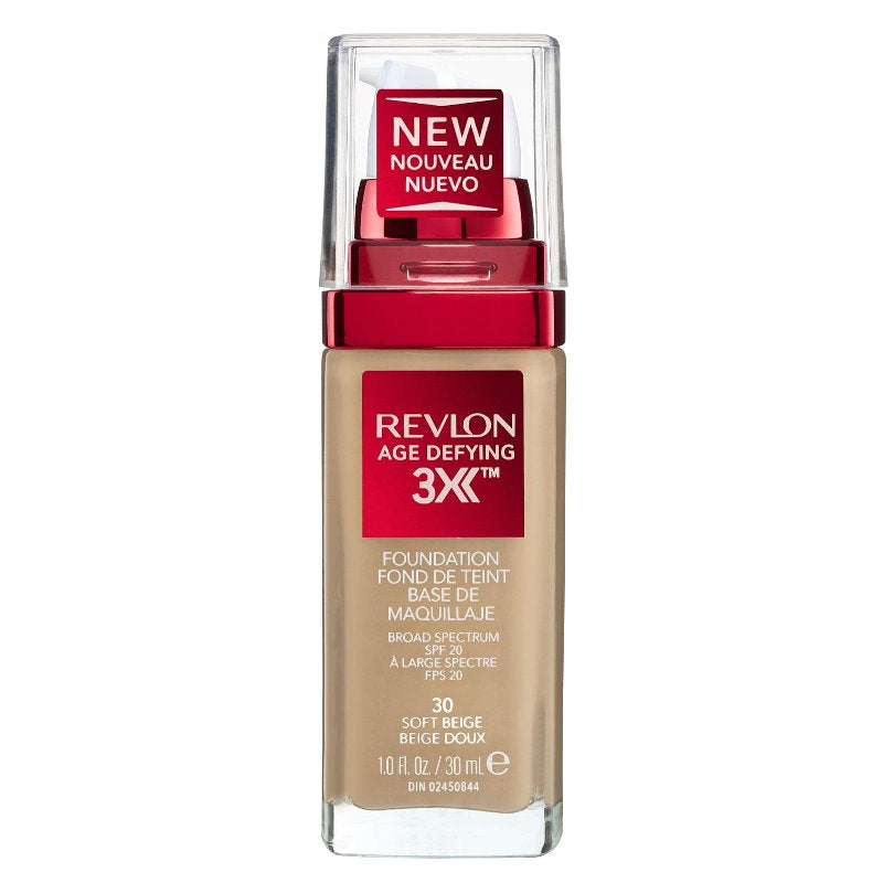 Revlon Age Defying 3X foundation bottle on a white background - Makeup Warehouse Australia