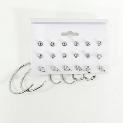 Rosy Lane 9 Pairs Assorted Stud and Hoop Earrings - Silver