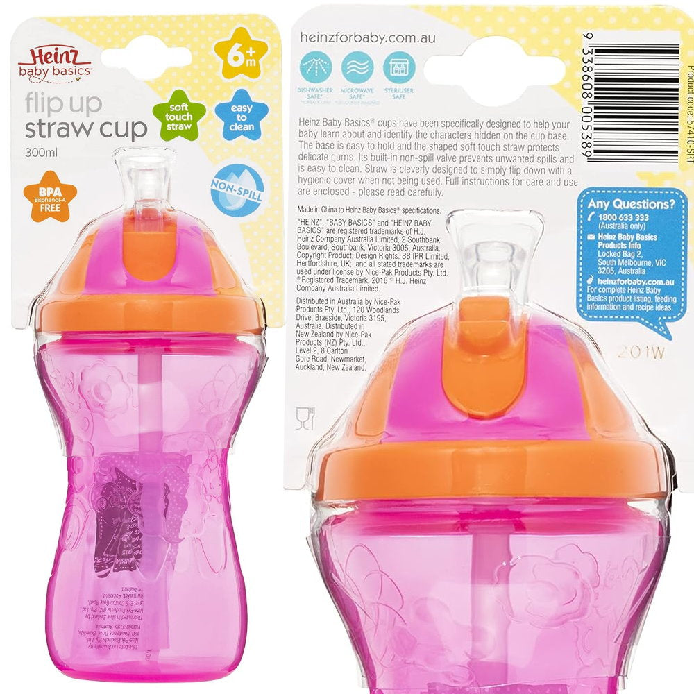 3pk Heinz Baby Basics Flip Up Straw Cup 300mL Blue Pink Purple - Makeup Warehouse Australia