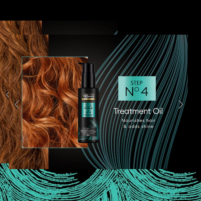 Hair treatment oil bottle with text 'Step No. 4' and 'Treatment Oil' on a teal and brown hair texture background.