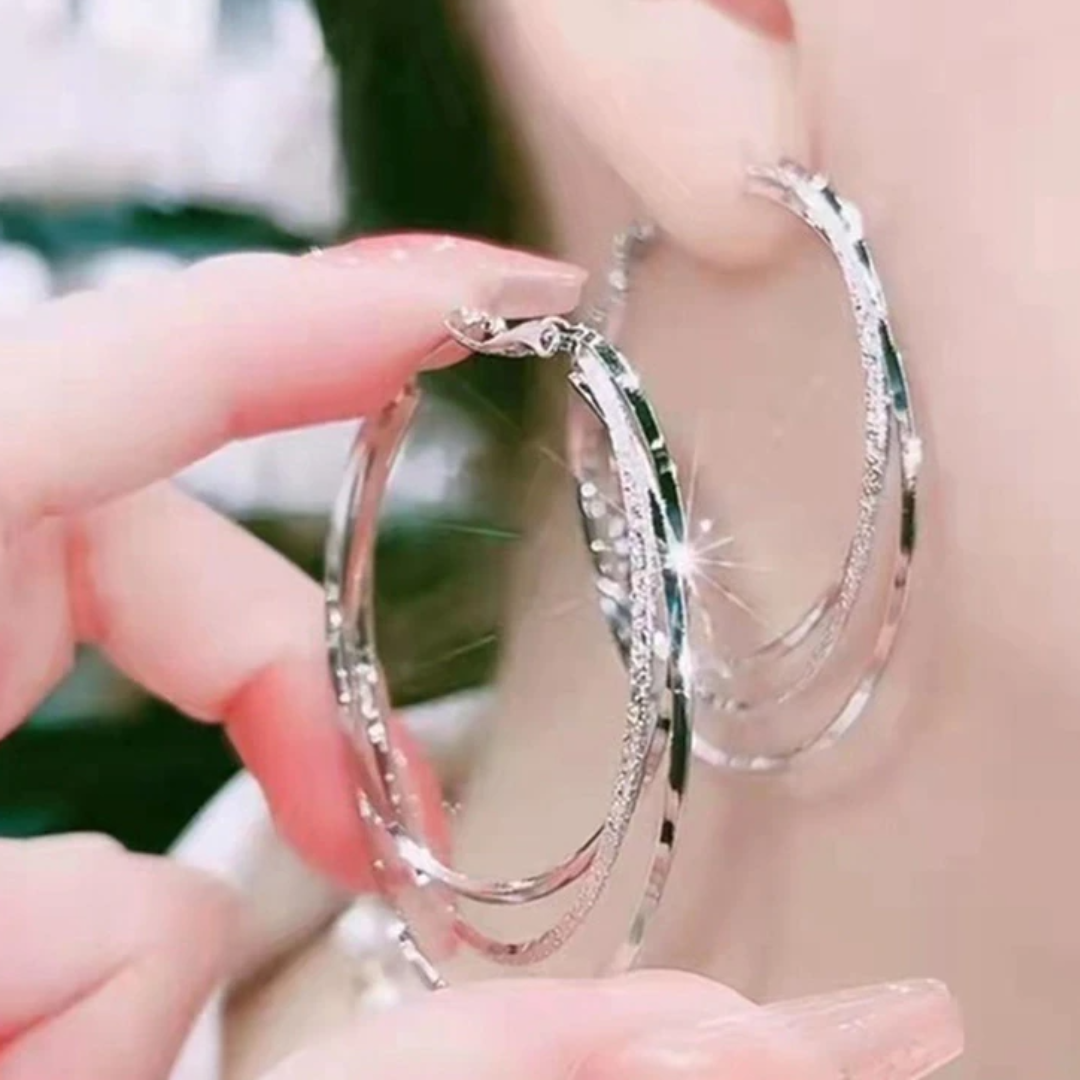 Rosy Lane Round Tri Geometric Hoops Earrings - Silver