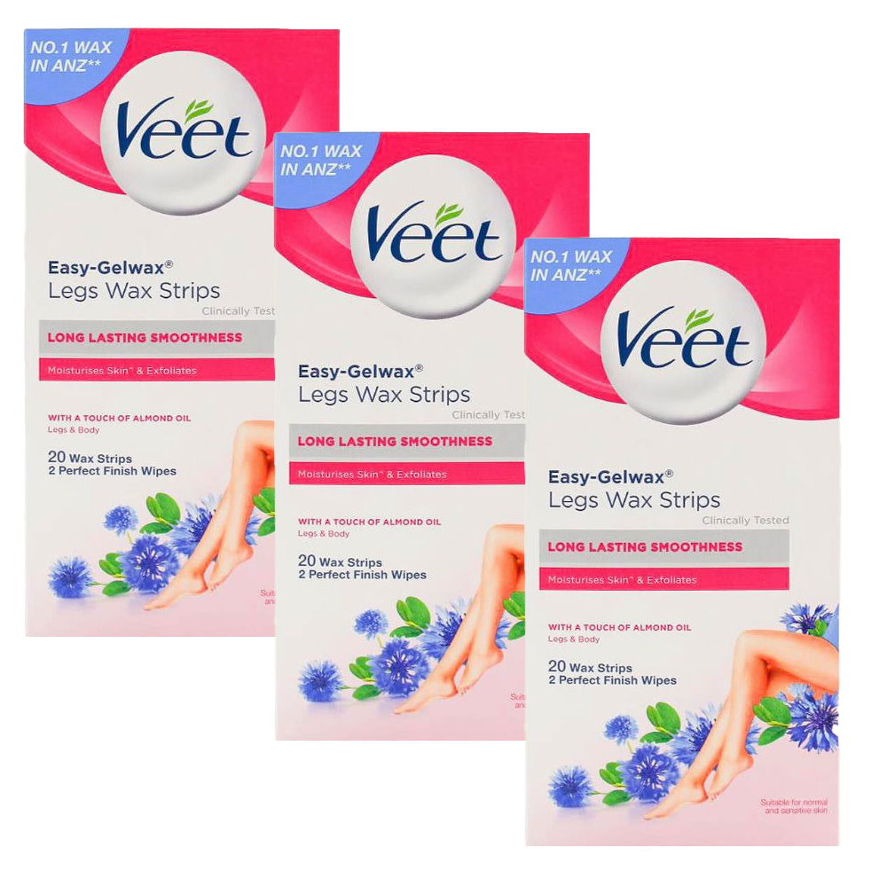 3x Veet Easy Gel Legs and Body Wax Strips Almond Oil 20 Pack EXP 11/2025
