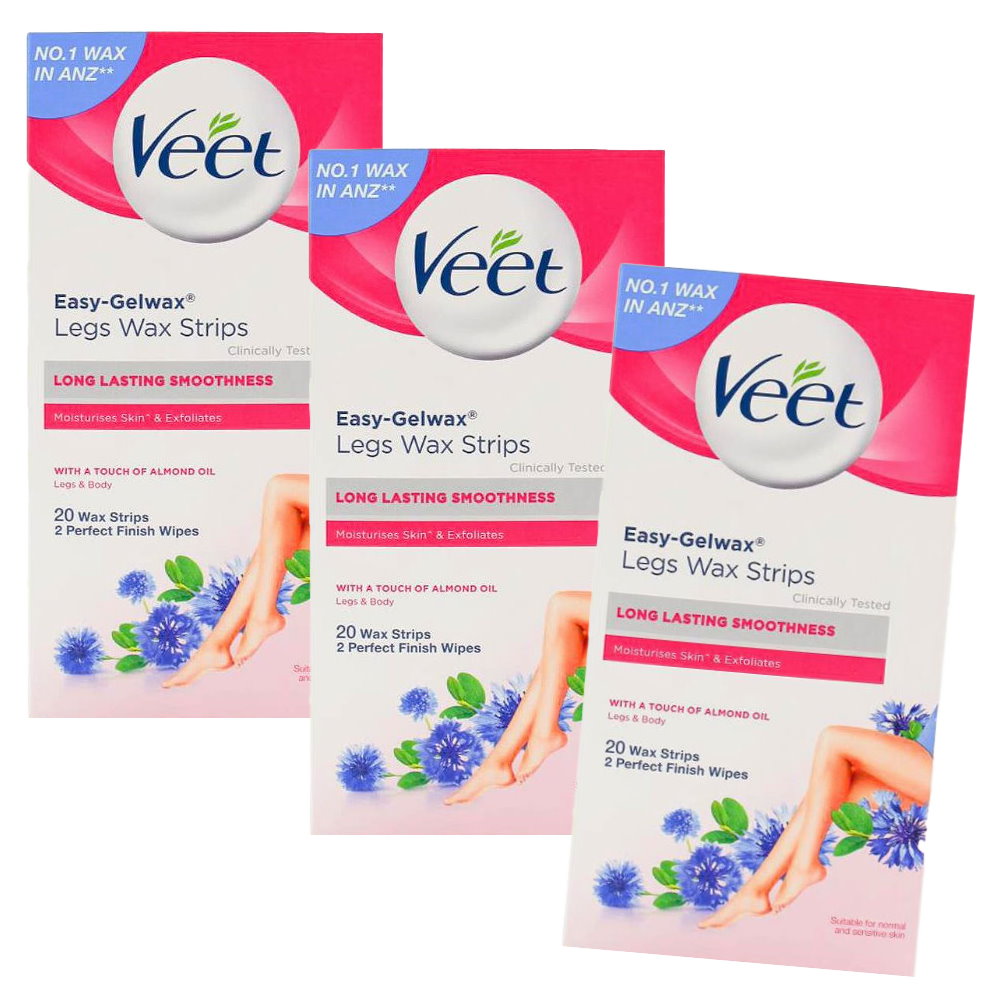 3x Veet Easy Gel Legs and Body Wax Strips Almond Oil 20 Pack EXP 11/2025