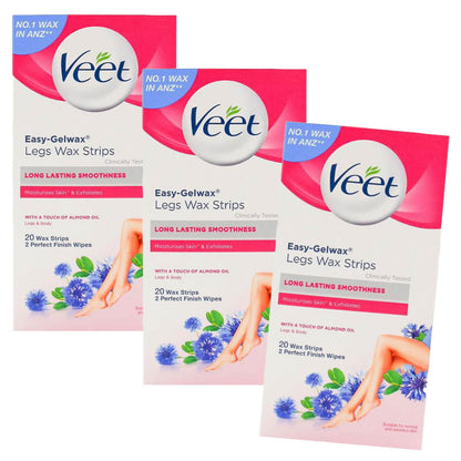 3x Veet Easy Gel Legs and Body Wax Strips Almond Oil 20 Pack EXP 11/2025