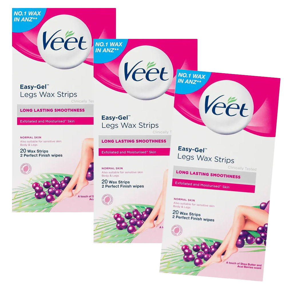 3x Veet Easy Gel Legs and Body Wax Strips Shea Butter and Acai Berries 20 Pack EXPIRY 12/2025
