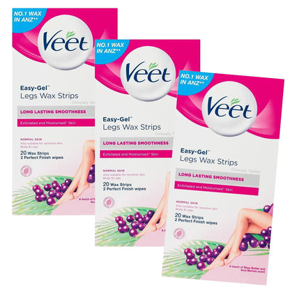 3x Veet Easy Gel Legs and Body Wax Strips Shea Butter and Acai Berries 20 Pack EXPIRY 12/2025