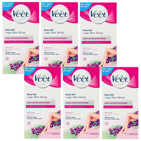 6x Veet Easy Gel Legs and Body Wax Strips Shea Butter and Acai Berries 20 Pack EXPIRY 12/2025