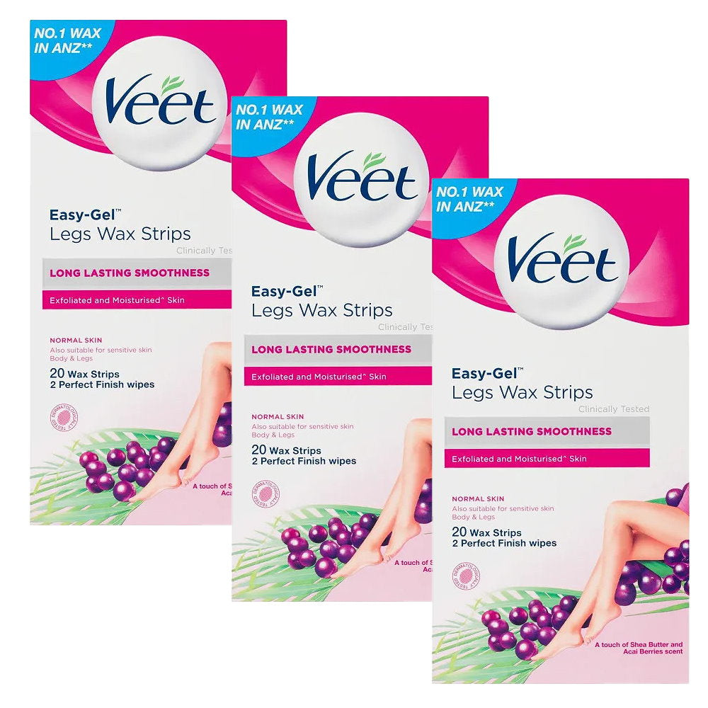 3x Veet Easy Gel Legs and Body Wax Strips Shea Butter and Acai Berries 20 Pack EXPIRY 12/2025