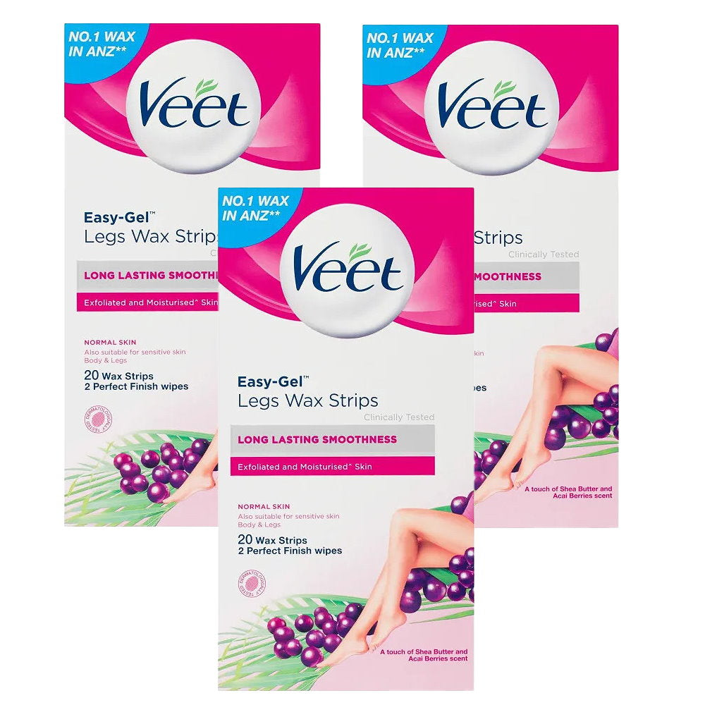 3x Veet Easy Gel Legs and Body Wax Strips Shea Butter and Acai Berries 20 Pack EXPIRY 12/2025