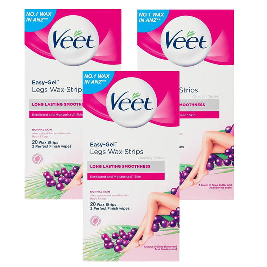 3x Veet Easy Gel Legs and Body Wax Strips Shea Butter and Acai Berries 20 Pack EXPIRY 12/2025