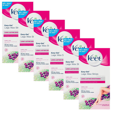 6x Veet Easy Gel Legs and Body Wax Strips Shea Butter and Acai Berries 20 Pack EXPIRY 12/2025