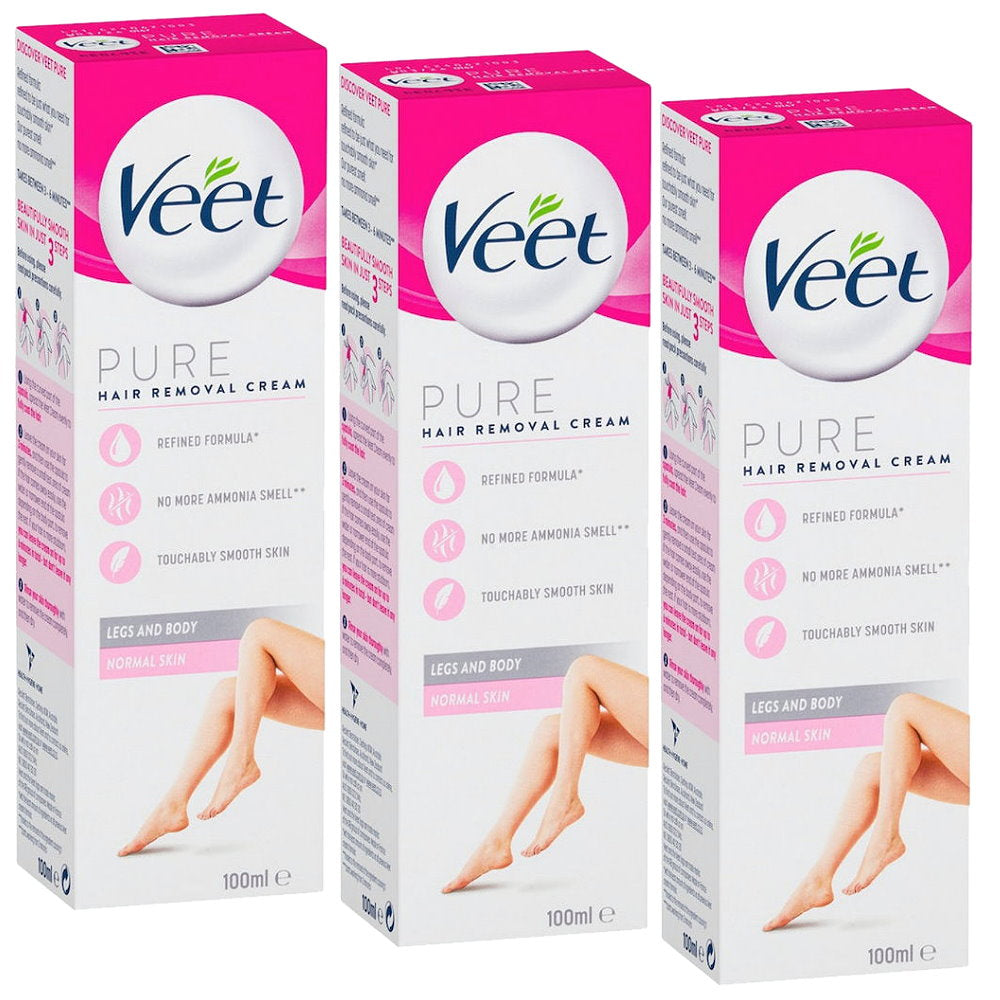 3x Veet Pure Hair Removal Cream Legs And Body Normal Skin 100ml