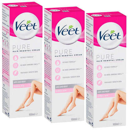 3x Veet Pure Hair Removal Cream Legs And Body Normal Skin 100ml