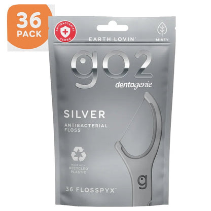 6x Go2 Dentagenie Floss Picks Silver Anti-Bac Mint 36pack