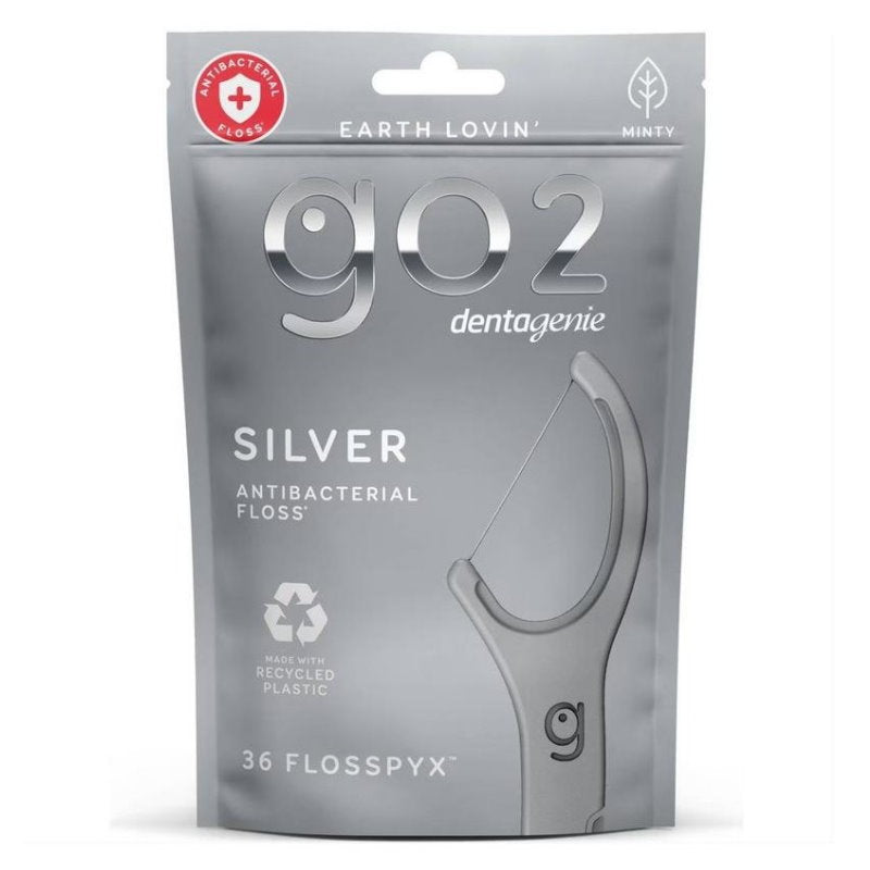 6x Go2 Dentagenie Floss Picks Silver Anti-Bac Mint 36pack
