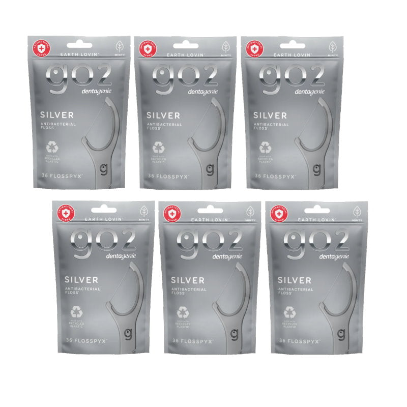 6x Go2 Dentagenie Floss Picks Silver Anti-Bac Mint 36pack