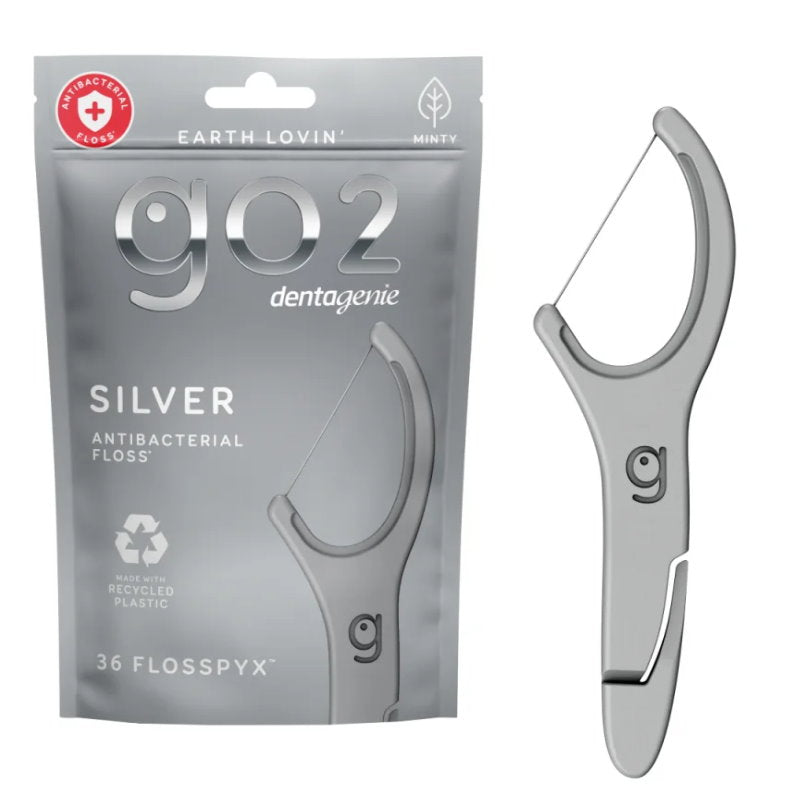 6x Go2 Dentagenie Floss Picks Silver Anti-Bac Mint 36pack